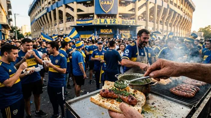 Venditori di choripán fuori da uno stadio argentino affollato