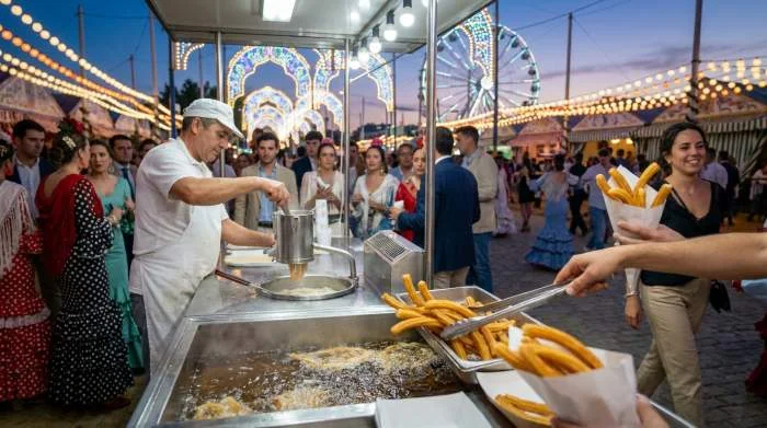 Churros venduti nelle fiere popolari spagnole da un churrero tradizionale
