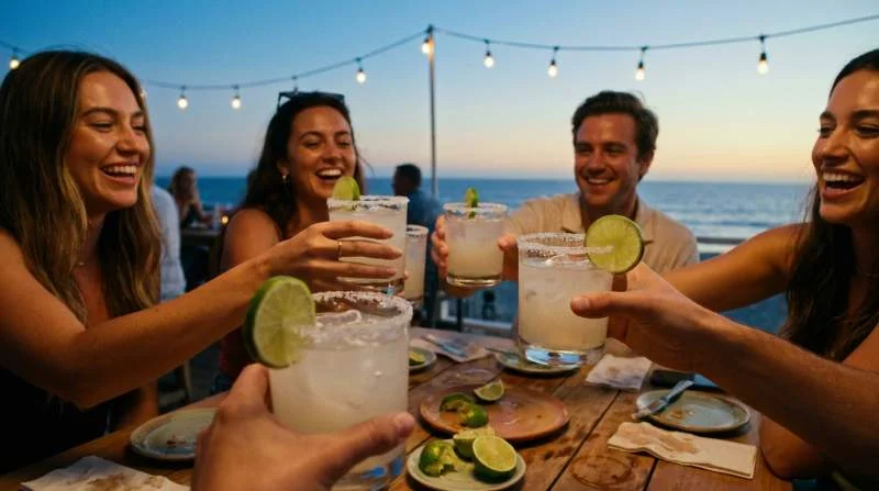 Coconut Lemonade Margarita con bordo di sale e lime durante un brindisi tra amici in una serata estiva