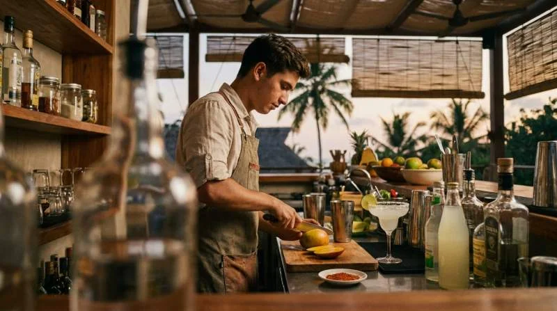 Coconut Lemonade Margarita in un bicchiere da cocktail con bordo di sale, accanto a una variante al mango e spezie in un bar tropicale