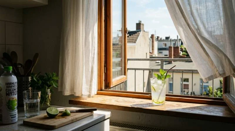 Coconut Lime Cooler con acqua di cocco ghiaccio lime e menta su un balcone estivo di