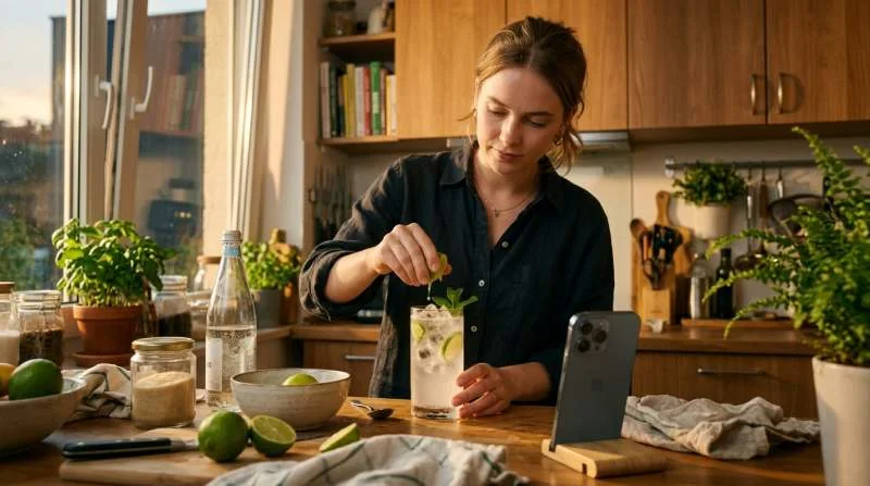 Preparazione di un Coconut Lime Cooler analcolico con acqua di cocco, lime, dolcificante e soda in una cucina domestica