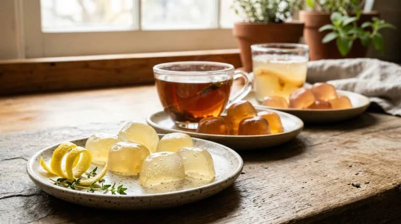 Collagen gummies traslucide aromatizzate con limone tè nero e kombucha servite su piccoli piatti