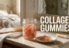 Collagen gummies rosa traslucide presentate come beauty snack durante una routine quotidiana