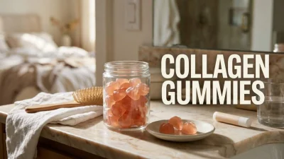 Collagen gummies rosa traslucide presentate come beauty snack durante una routine quotidiana