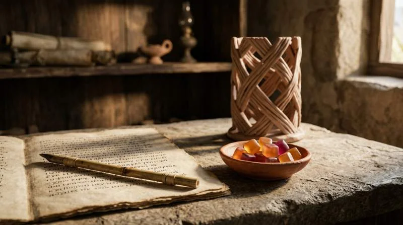 Collagen gummies accanto a un manoscritto ispirato alla Grecia antica e a una rappresentazione simbolica dei tessuti connettivi