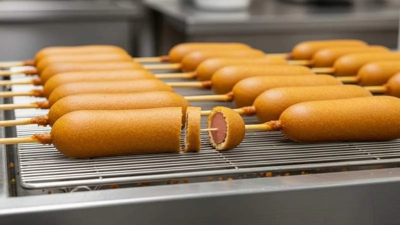 Corn dog fritto con pastella di mais e wurstel su stecco, tipico delle fiere americane