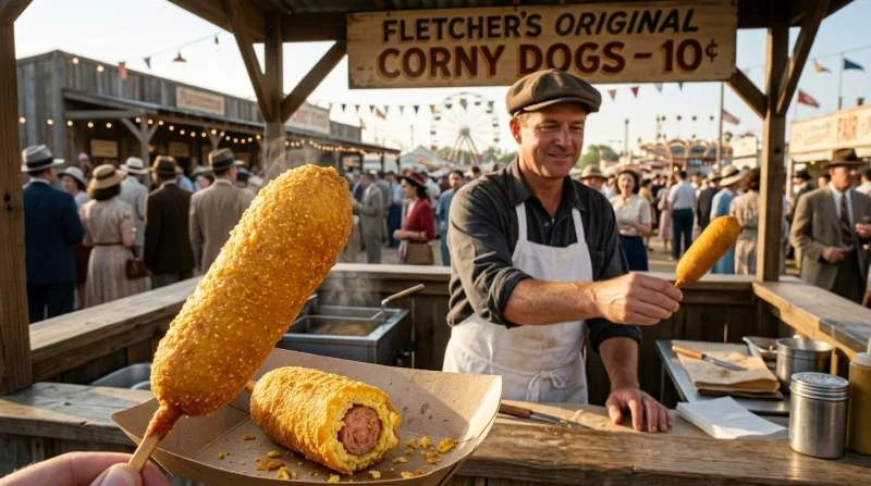 Corn dog appena fritto con crosta dorata servito in un chiosco della State Fair of Texas nel 1942