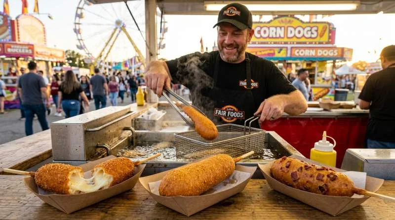Corn dog croccanti in diverse varianti con formaggio fuso e bacon serviti caldi in una fiera americana