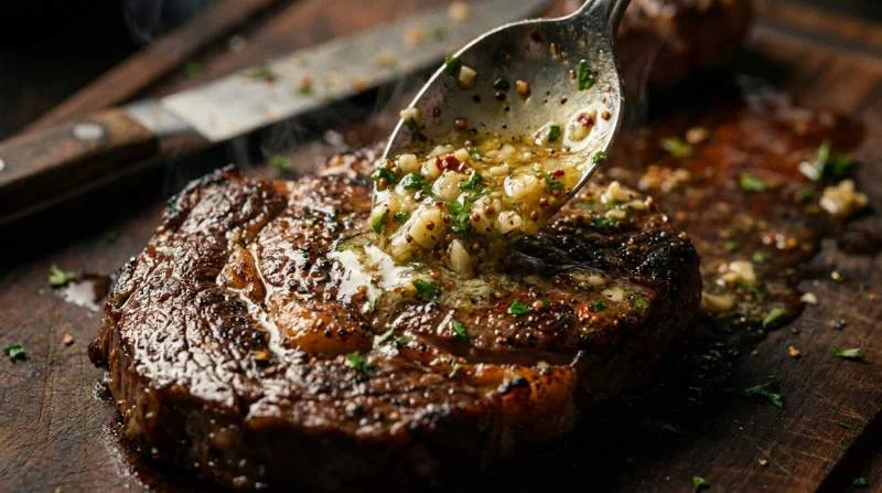 Cowboy Butter caldo con aglio erbe e spezie che si scioglie sulla crosta di una bistecca appena grigliata