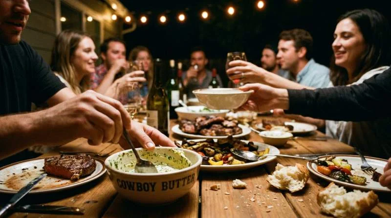 Cowboy Butter condiviso a tavola durante una cena conviviale con bistecca e piatti alla griglia