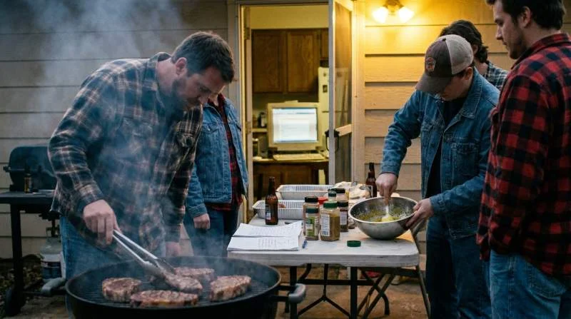 Appassionati di barbecue preparano burro aromatizzato accanto alla griglia in un cortile texano alla fine degli anni Duemila