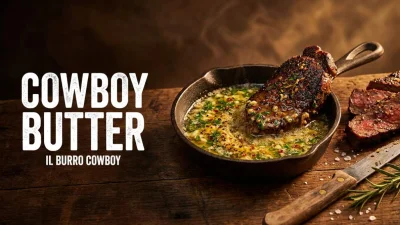Cowboy Butter con burro fuso aglio erbe spezie e limone servito accanto a una bistecca grigliata