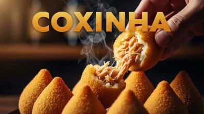 Coxinha brasiliana croccante ripiena di pollo servita come tradizionale street food