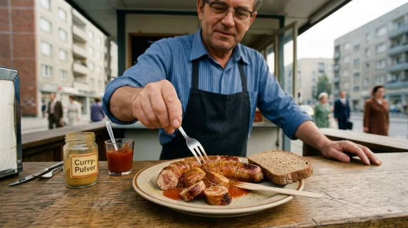 Currywurst della Germania orientale con salsa semplice e poco curry servita in un modesto chiosco del periodo della Guerra Fredda