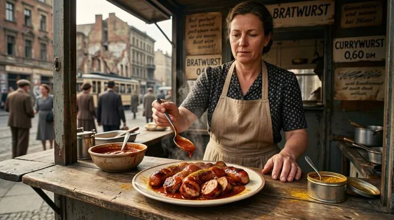 Currywurst con salsiccia affettata salsa al curry e pomodoro preparata in un chiosco berlinese del dopoguerra