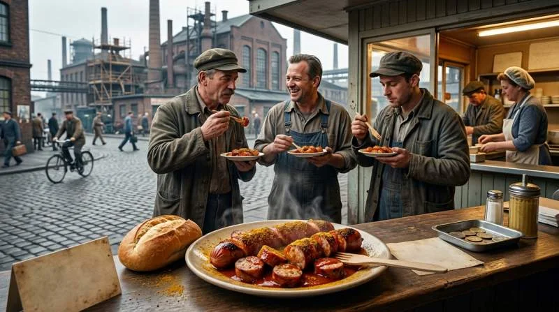 Currywurst servita a operai tedeschi presso un chiosco di strada durante la ricostruzione industriale del dopoguerra