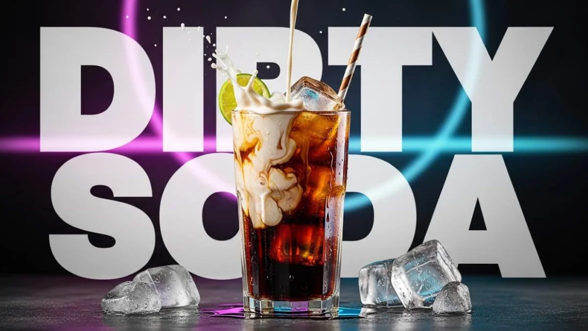 Dirty soda cremosa con strati colorati servita in un bicchiere moderno
