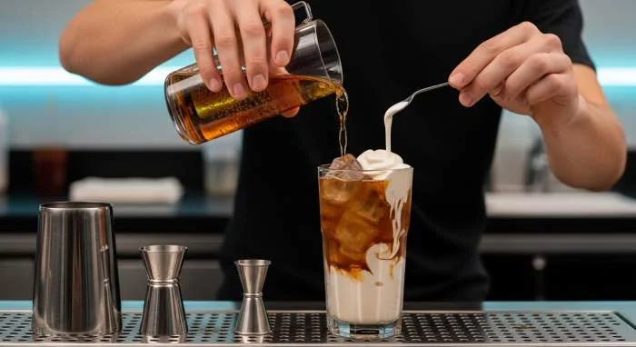 Preparazione di dirty soda con ingredienti stratificati e ghiaccio