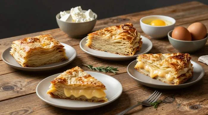 Diverse varianti di gibanica con strati e formaggi differenti