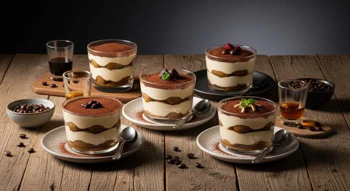 Diversi tiramisù italiani preparati con marsala, rum e amaretto