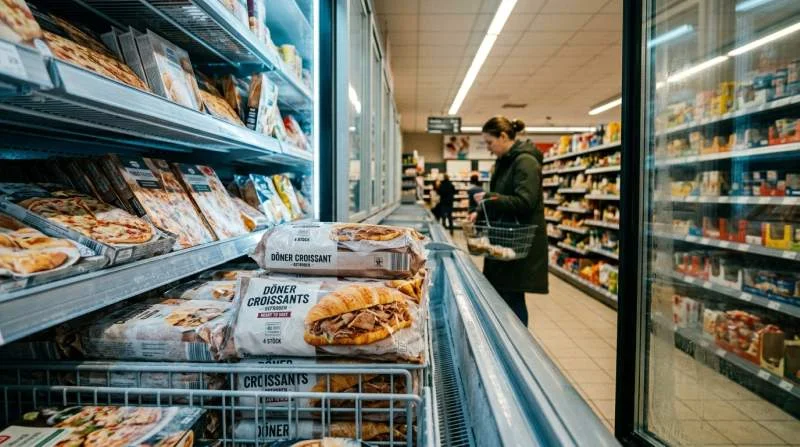 Döner Croissant confezionato tra prodotti surgelati in un supermercato contemporaneo