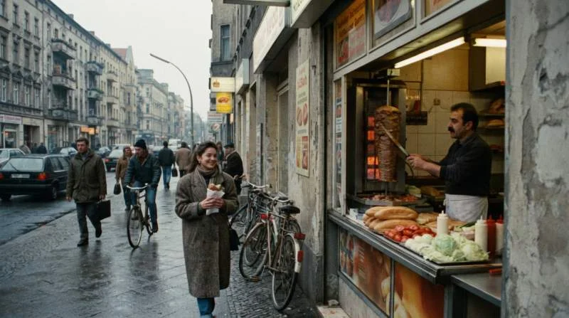 Döner kebab preparato in un locale di quartiere a Berlino, simbolo della sua integrazione nella vita urbana quotidiana