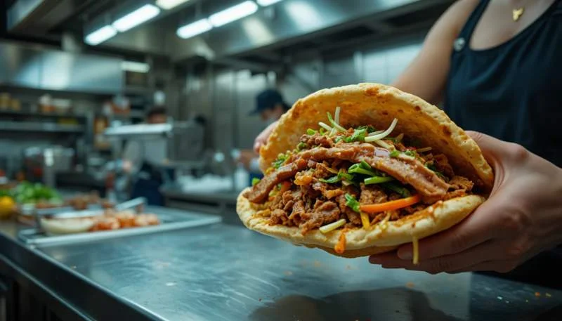 Döner kebab servito nel pane pita con verdure e salse in ambiente urbano
