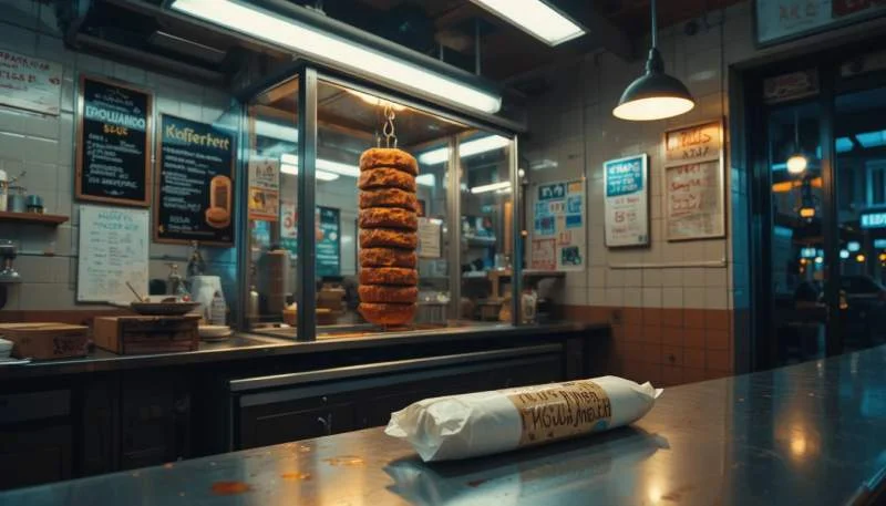 Döner kebab preparato in un ristorante notturno di Berlino con spiedo verticale