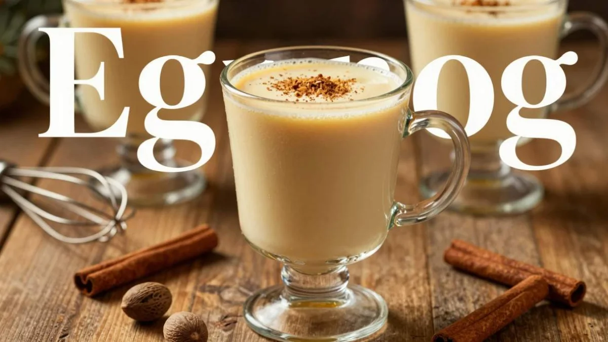 Eggnog cremoso decorato con noce moscata e cannella in una tazza festiva