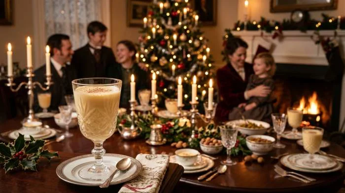 Eggnog servito durante un Natale vittoriano in ambiente domestico