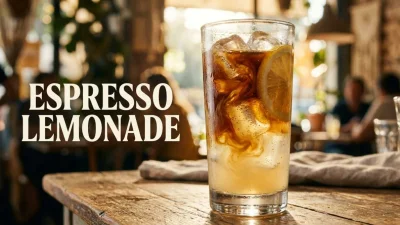 Espresso Lemonade con caffè e limonata che si mescolano tra ghiaccio e fettine di limone