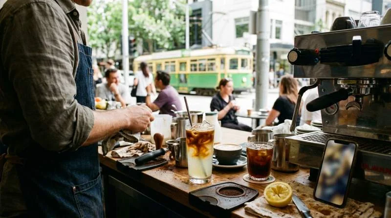 Barista australiano sperimenta un Espresso Lemonade sul bancone di una caffetteria contemporanea
