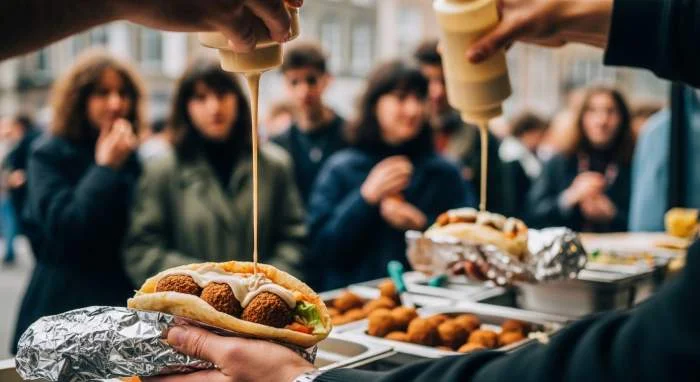 Falafel con salsa tahina in un panino, street food popolare in Europa negli anni Ottanta