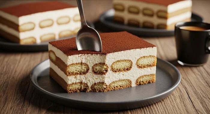 Fetta di tiramisù con strati uniformi di crema e cacao in superficie