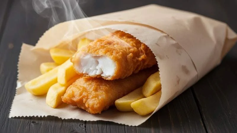 Fish and chips avvolto nella carta per trattenere il calore e facilitarne il trasporto