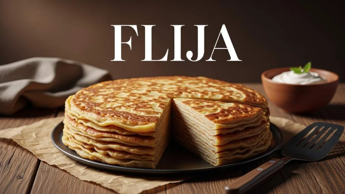 Flija albanese a strati servita con yogurt in stile tradizionale balcanico