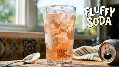 Fluffy Soda con marshmallow cremoso sulle pareti del bicchiere ghiaccio e soda frizzante