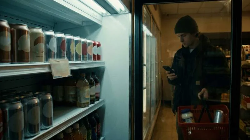 Scaffale refrigerato con uno spazio vuoto e ingredienti per Fluffy Soda che evocano l'incertezza sulla sua origine e disponibilità