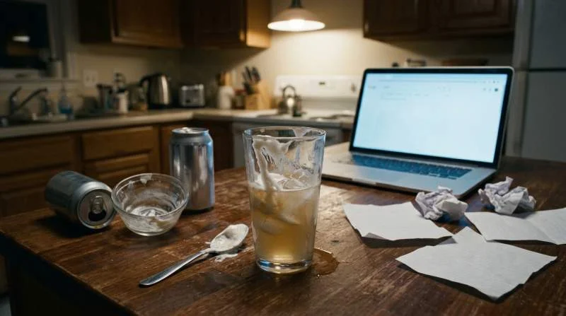 Fluffy Soda su un bancone da cucina tra ingredienti e appunti che evocano le origini incerte della bevanda