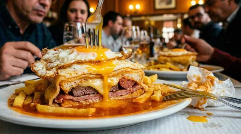 Francesinha con due uova fritte e tuorlo liquido che cola su formaggio carne e salsa
