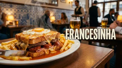 Francesinha tradizionale con carne salsiccia formaggio fuso salsa uovo e patatine in una cervejaria di Porto