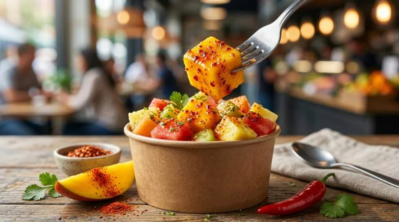 Fricy con frutta fresca succosa ricoperta da condimento piccante rosso e fiocchi di peperoncino