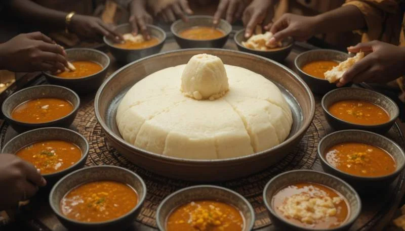 Fufu condiviso al centro della tavola con salsa comune da intingere