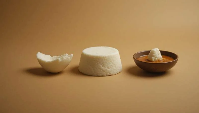 Fufu mangiato lentamente modellando l'impasto e immergendolo nella salsa