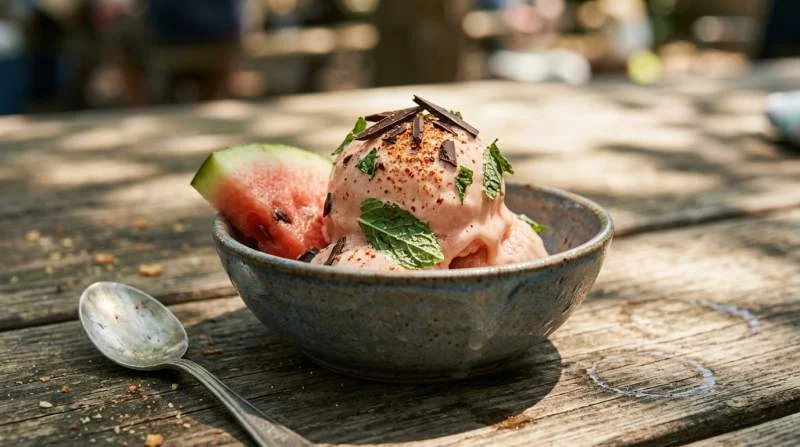 Gelato all'anguria con scaglie di cioccolato fondente menta fresca e una spolverata di peperoncino al lime