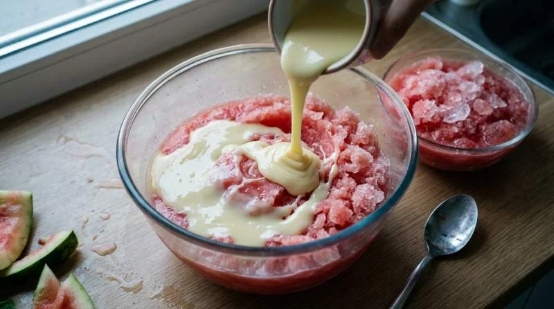 Latte condensato versato nella polpa di anguria congelata per ottenere un gelato più morbido e cremoso