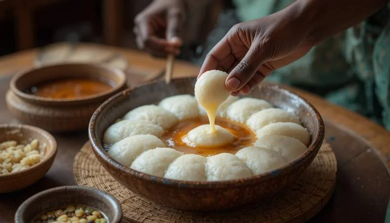 Gesto tradizionale di mangiare il fufu con la mano destra