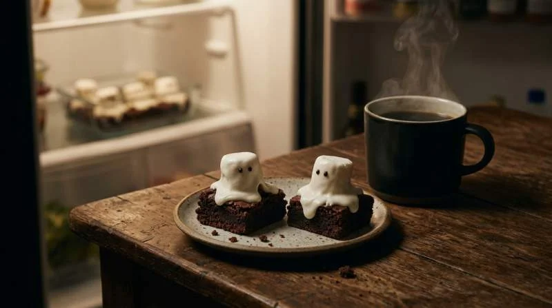 Ghost Brownies serviti a temperatura ambiente con una tazza di caffè lungo e amaro