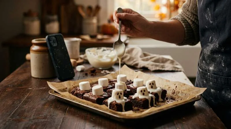Preparazione dei Ghost Brownies con glassa bianca lasciata colare naturalmente sui marshmallow